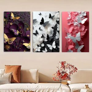 Set Of 3 Butterfly Art Wooden Frames For Wall Decoration / Sticky Photo Tile