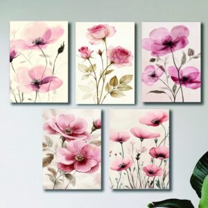 Set Of 5 Pink Flowers Floral Wall Art Wooden Sticky Frames For Girls Room Home Decoration