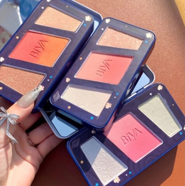 3 In 1 Colors Facial Blush Gradual Powder Blusher Shimmer Highlighter Three-dimensional Brightening Powder Blusher Palette – Biya Korean Highlighter & Blush Palette - Image 3