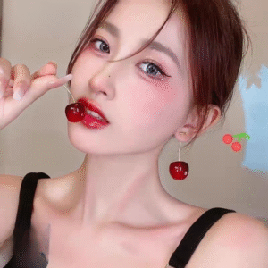 Trendy Korean Cherry Drop Earrings For Women 🍒 | Cute Long Stem Minimalist Red Cherry Earrings | Aesthetic Statement Jewelry For Casual & Party Outfits