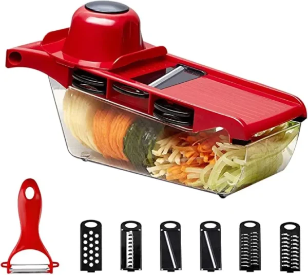 10 In 1 Mandolin Slicer Vegetable Cutter With Stainless Steel Blade Manual Potato Peeler Carrot Cheese Grater Nicer Kitchen Tool – Mandolin Vegetable Cutter – Red Color - Image 5